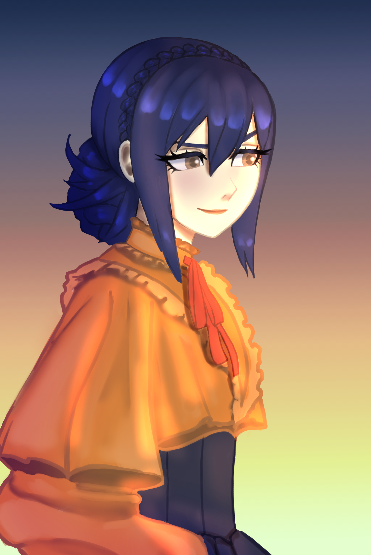 oboro (fire emblem), fire emblem, fire emblem fates, nintendo, highres, 1girl, alternate costume, blue hair, brown eyes, closed mouth, looking to the side, tori-rae-art, upper body