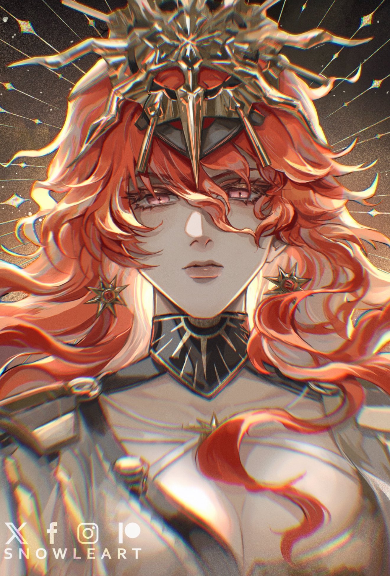 snowleart, augusta (wuthering waves), wuthering waves, commentary, english commentary, highres, 1girl, artist name, black collar, breasts, chromatic aberration, cleavage, closed mouth, collar, earrings, hair between eyes, headgear, jewelry, long hair, looking at viewer, medium breasts, orange hair, portrait, red eyes, solo, sun earrings, sun necklace