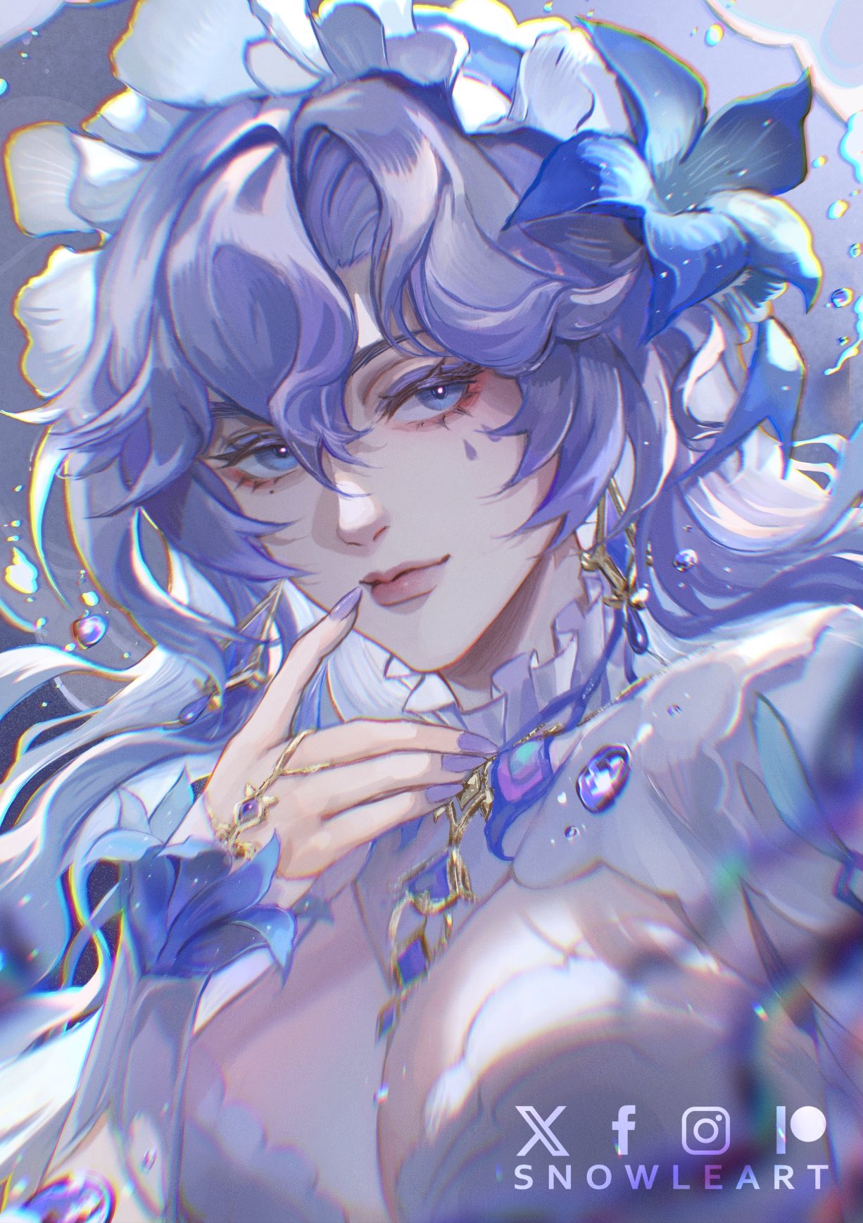 snowleart, cantarella (wuthering waves), wuthering waves, commentary, english commentary, highres, 1girl, artist name, blue eyes, blue flower, breasts, chromatic aberration, cleavage, closed mouth, earrings, finger to mouth, fingernails, flower, hair between eyes, hair flower, hair ornament, hand up, headdress, jewelry, long fingernails, long hair, long sleeves, looking at viewer, medium breasts, nail polish, purple hair, purple nails, shrug (clothing), solo, upper body, white shrug