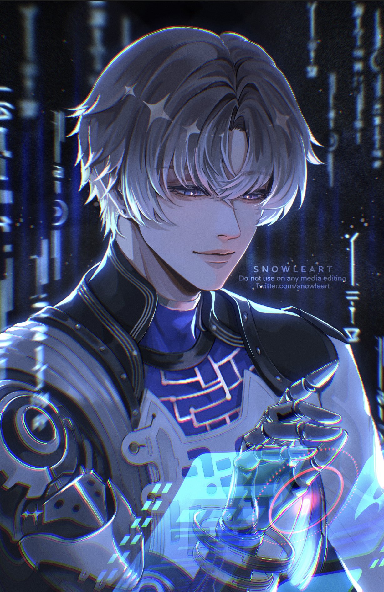 snowleart, xiangli yao (wuthering waves), wuthering waves, commentary, highres, 1boy, blue eyes, blue shirt, brown hair, chromatic aberration, closed mouth, coat, hand up, holographic interface, looking at screen, male focus, mechanical arms, mechanical hands, shirt, short hair, smile, solo, tacet mark (wuthering waves), upper body, white coat