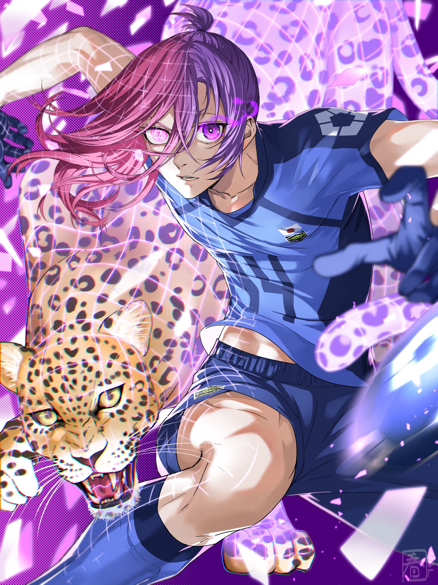 halu-ca, chigiri hyoma, mikage reo, blue lock, highres, 2boys, animal, aura, closed mouth, fusion, gloves, long hair, looking at viewer, male focus, multiple boys, purple eyes, purple hair, red eyes, red hair, shirt, short hair, soccer uniform, sportswear, teeth, tiger