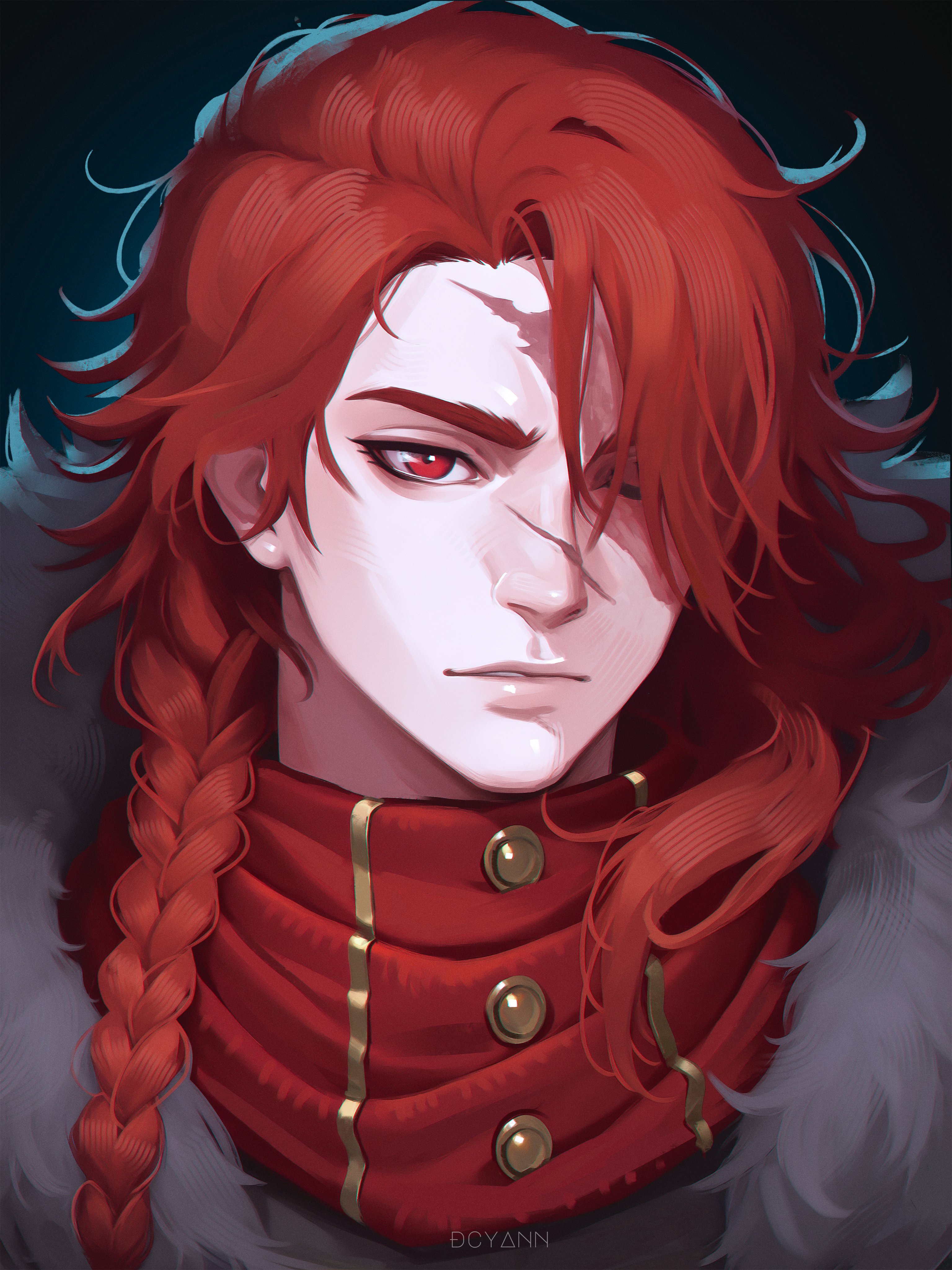 dcyann, dungeons & dragons, absurdres, highres, 1girl, artist name, braid, long hair, looking at viewer, one eye closed, red eyes, red hair, scar, scar across eye, scar on face, scar on nose, solo, upper body