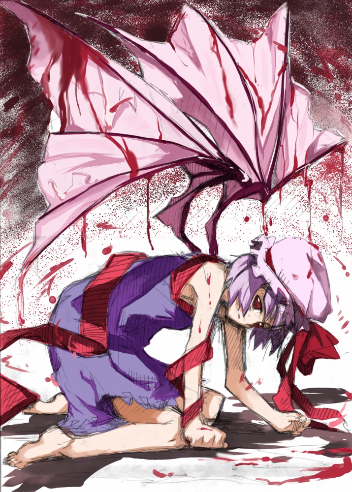 ogawa maiko, remilia scarlet, touhou, bad id, bad pixiv id, 1girl, all fours, barefoot, bat wings, blood, blue hair, feet, female focus, hat, purple hair, red eyes, ribbon, short hair, sketch, solo, wings