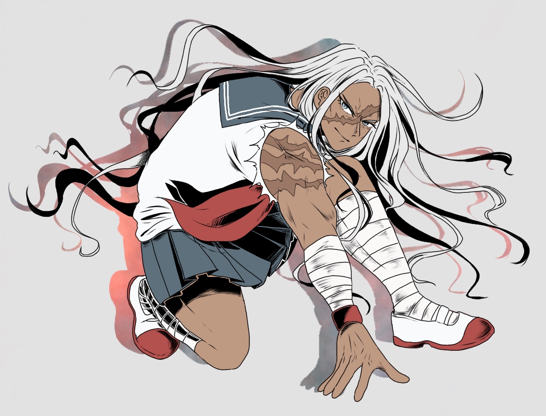 kiri (2htkz), ogami sakura, danganronpa: trigger happy havoc, danganronpa (series), commentary request, 1girl, bandaged arm, bandaged leg, bandages, blue sailor collar, blue skirt, closed mouth, dark-skinned female, dark skin, drop shadow, full body, grey background, grey eyes, hand on ground, long hair, muscular, muscular female, neckerchief, red neckerchief, sailor collar, scar, scar on arm, scar on face, school uniform, serafuku, shirt, shoes, simple background, skirt, smile, solo, torn clothes, torn shirt, white hair, white shirt, white shoes