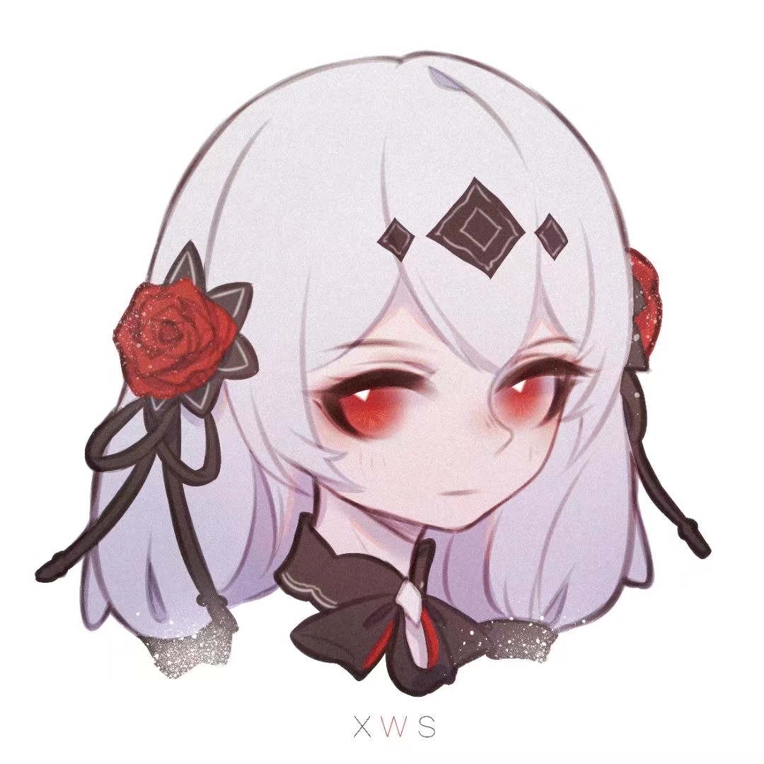 theresa apocalypse, theresa apocalypse (luna kindred), honkai (series), honkai impact 3rd, 1girl, closed mouth, flower, hair flower, hair ornament, long hair, looking at viewer, red eyes, red flower, red rose, rose, sammdr, simple background, solo, upper body, white background, white hair