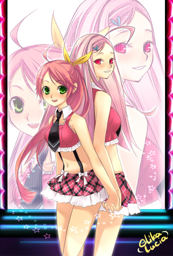 chirol85, hana, mato (chirol), hana (pangya), lucia, lucia (pangya), pangya, 2girls, blush, multiple girls, pink theme, ponytail, ribbon, smile, zoom layer