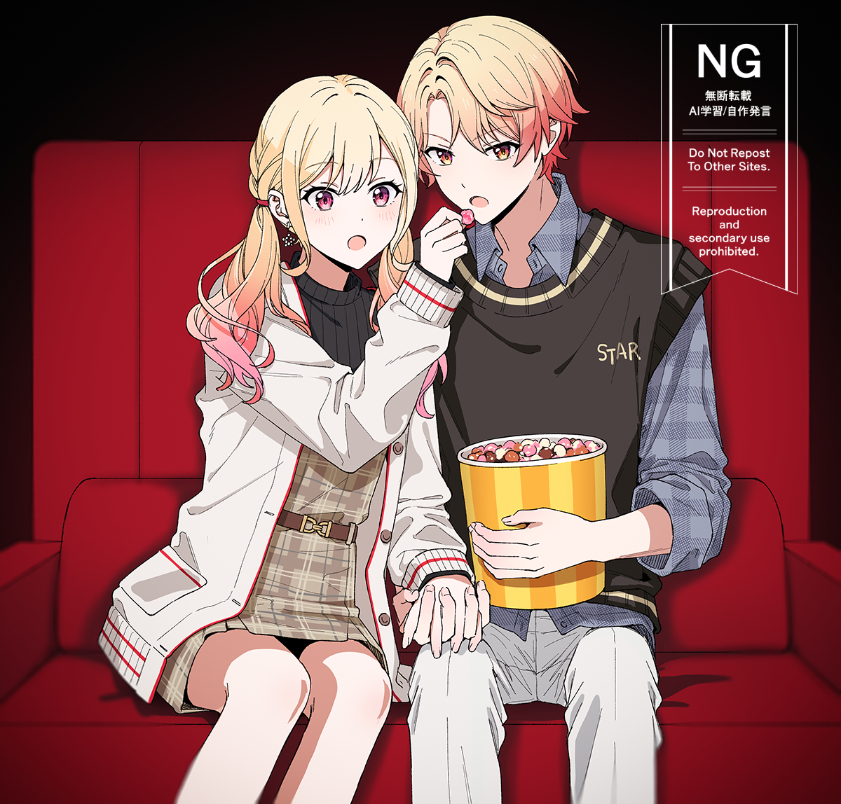 2 (tsvf3235), tenma saki, tenma tsukasa, project sekai, commentary, symbol-only commentary, 1boy, 1girl, :o, bare legs, belt, black background, black sweater, black sweater vest, blonde hair, blue shirt, booth seating, braid, brother and sister, brown belt, brown dress, buttons, clothes writing, collared shirt, curly hair, dress, earrings, feeding, feet out of frame, fingernails, food, gradient hair, hair between eyes, hair over shoulder, hair tie, hand up, holding, holding food, holding hands, interlocked fingers, jacket, jewelry, long hair, long sleeves, looking at viewer, multicolored hair, open clothes, open jacket, open mouth, orange eyes, orange hair, pants, pink eyes, pink hair, plaid clothes, plaid dress, plaid shirt, pleated dress, popcorn, puffy long sleeves, puffy sleeves, ribbed sweater, shadow, shirt, short dress, short hair, siblings, simple background, sitting, star (symbol), star earrings, strapless, strapless dress, sweater, sweater vest, swept bangs, three-quarter sleeves, tongue, turtleneck, turtleneck sweater, twintails, two-tone hair, watermark, white jacket, white pants