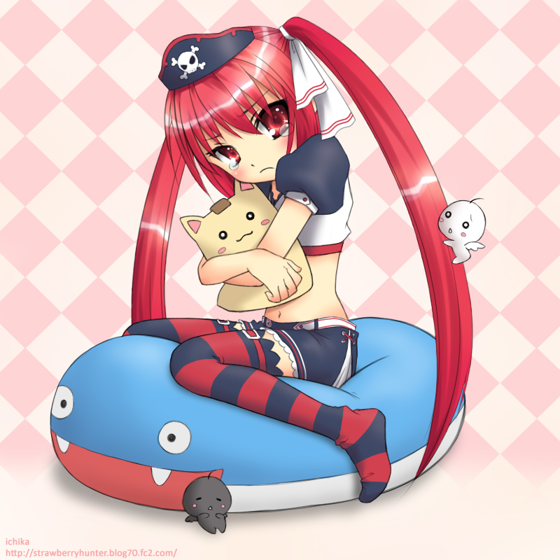 ichika, puff, dolfini (pangya), kooh (pangya), papel (pangya), pangya, :3, belt, blush, blush stickers, chibi, crop top, fangs, frown, hair ribbon, hat, head tilt, holding, hug, long hair, midriff, navel, o o, pirate, red eyes, red hair, ribbon, shorts, sitting, skull and crossbones, solo, strap, striped clothes, striped thighhighs, tears, thighhighs, twintails, very long hair, zettai ryouiki