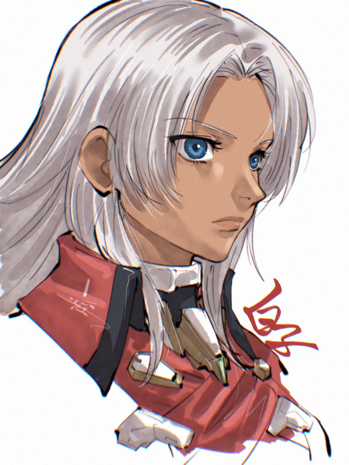 shirako (kirupi), elma (xenoblade x), xenoblade chronicles (series), xenoblade chronicles x, highres, 1girl, blue eyes, closed mouth, dark-skinned female, dark skin, lips, long hair, simple background, solo, white background, white hair