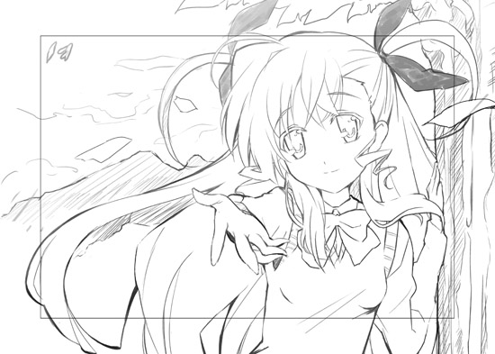 okiura, vivio, lyrical nanoha, mahou shoujo lyrical nanoha, mahou shoujo lyrical nanoha strikers, 00s, 1girl, against tree, ahoge, blush, bow, female focus, greyscale, hair ribbon, long hair, monochrome, outdoors, outstretched arm, outstretched hand, reaching, ribbon, school uniform, serafuku, short twintails, solo, sweater vest, tree, twintails, two side up, very long hair