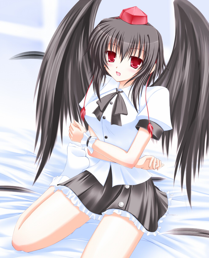 shirotsuki kouta, shameimaru aya, touhou, 1girl, bed, black hair, black wings, blush, female focus, hat, midriff, ribbon, short hair, sitting, smile, socks, solo, wings
