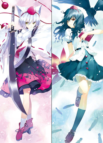 ueda ryou, inubashiri momiji, shameimaru aya, touhou, lowres, 2girls, animal ears, bird, black hair, crow, female focus, geta, hat, multiple girls, notebook, shield, short hair, skirt, sword, tengu-geta, weapon, white hair, wolf ears