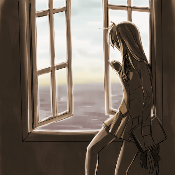 hachi (hachikai), fate testarossa, lyrical nanoha, mahou shoujo lyrical nanoha, mahou shoujo lyrical nanoha strikers, looking away, 00s, 1girl, ahoge, book, female focus, indoors, long hair, looking outside, muted color, open window, school uniform, skirt, solo, very long hair, window