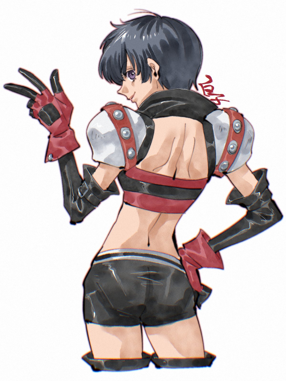 shirako (kirupi), rutee katrea, tales of (series), tales of destiny, highres, 1girl, black hair, black shorts, black thighhighs, closed mouth, crop top, gloves, looking at viewer, midriff, purple eyes, red gloves, short hair, shorts, simple background, smile, solo, thighhighs, v, white background