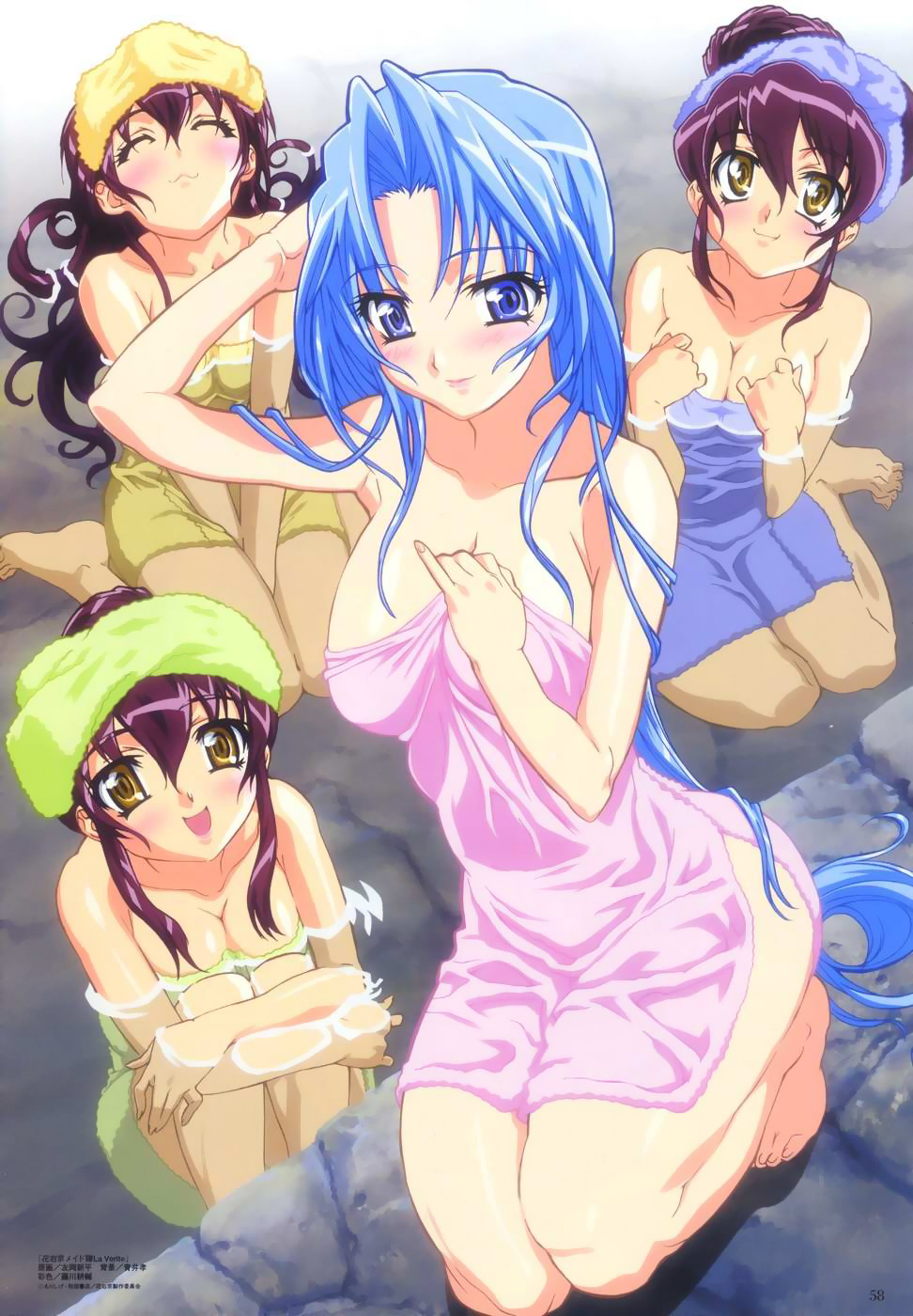 tomooka shinpei, ichigo (hanaukyou maid tai), lemon (hanaukyou maid tai), mariel (hanaukyou maid tai), marron (hanaukyou maid tai), melon (hanaukyou maid tai), ringo (hanaukyou maid tai), sango (hanaukyou maid tai), hanaukyou maid tai, hanaukyou maid tai: la verite, megami magazine, highres, official art, scan, 00s, 4girls, :3, :d, ^ ^, alternate hairstyle, arm behind head, arm up, armpits, bare shoulders, barefoot, between legs, blue eyes, blue hair, blush, breasts, cleavage, closed eyes, crossed arms, double bun, feet, hair between eyes, hair bun, hair up, hand between legs, hugging own legs, kneeling, large breasts, long hair, looking at viewer, maid, multiple girls, naked towel, onsen, open mouth, outdoors, partially submerged, pinky out, purple hair, rock, shadow, siblings, side slit, sidelocks, single hair bun, sisters, sitting, smile, tiptoes, towel, towel on head, triplets, v arms, very long hair, wading, wariza, water, wavy hair, wet, yellow eyes