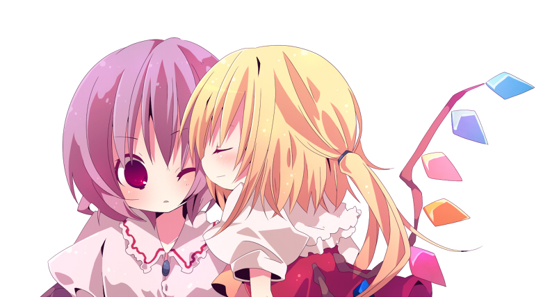 ana (rznuscrf), flandre scarlet, remilia scarlet, touhou, 2girls, blonde hair, blush, closed eyes, female focus, kiss, multiple girls, no headwear, one eye closed, ponytail, purple hair, red eyes, siblings, side ponytail, simple background, sisters, upper body, wings