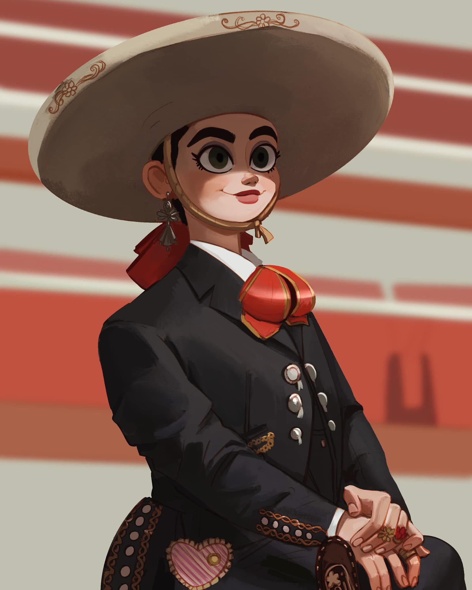 the awesombrosos, original, highres, 1girl, black hair, bow, bowtie, brown eyes, charro, crossdressing, crossdressing (ftm), hat, heart-shaped bag, jewelry, lips, looking ahead, mexican clothes, mexico, pink nails, red bow, red bowtie, ring, smile, solo, sombrero, thick eyebrows