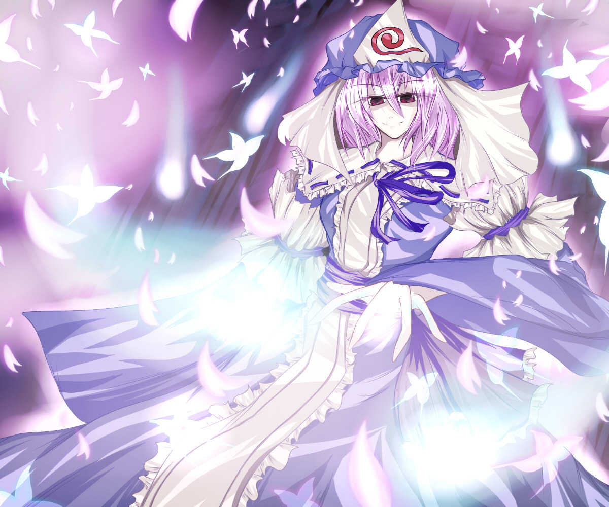 homura bi, saigyouji yuyuko, touhou, bad id, bad pixiv id, 1girl, bug, butterfly, dress, female focus, gradient background, hat, insect, petals, pink hair, solo