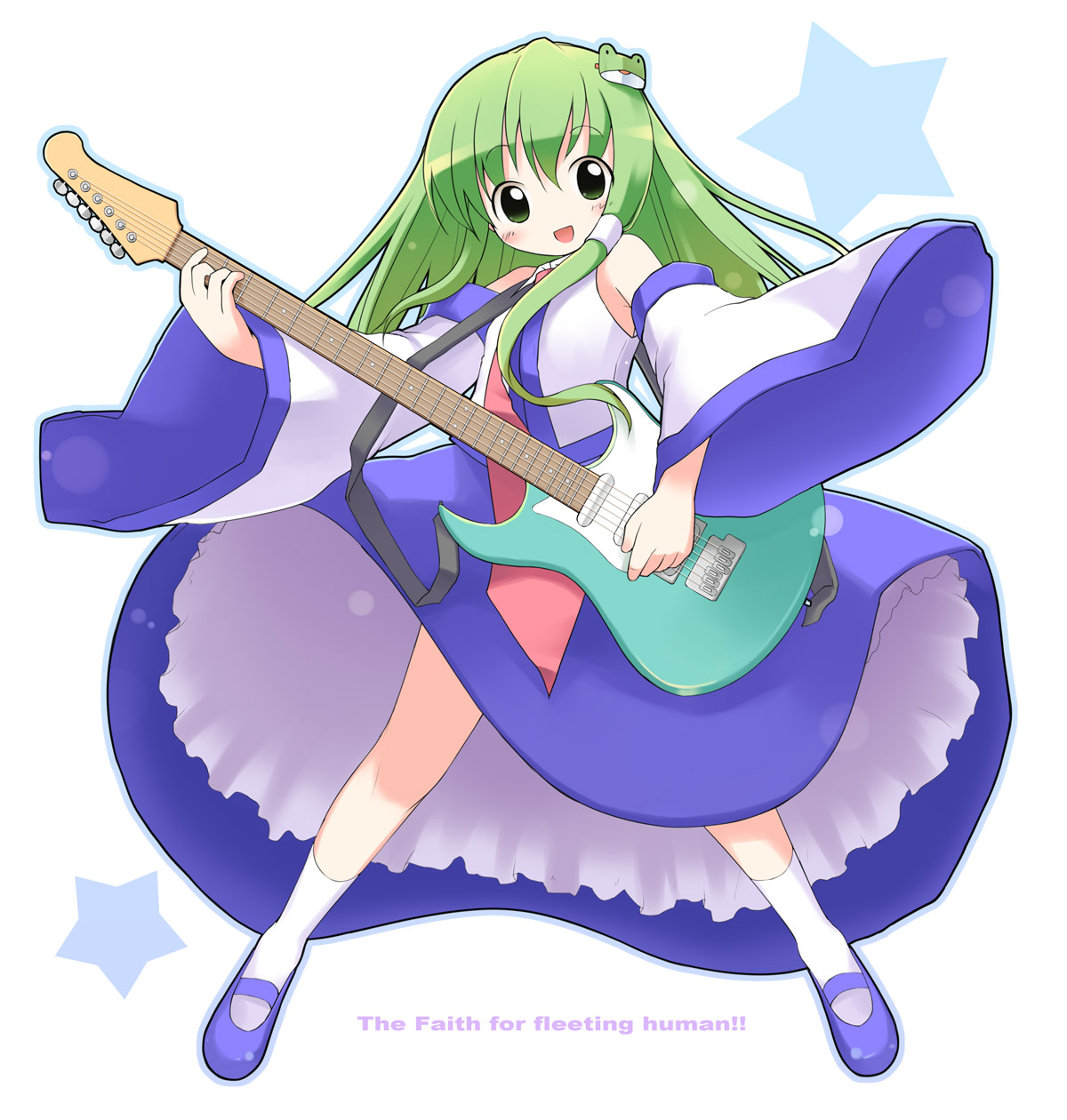 emurin, kochiya sanae, touhou, bad id, bad pixiv id, highres, 1girl, blush, detached sleeves, female focus, green eyes, green hair, guitar, instrument, japanese clothes, long hair, midriff, miko, smile, socks, solo, spread legs, standing, white background