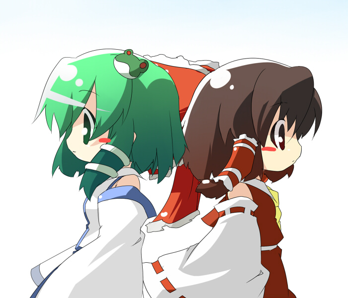 oka (bananashoe), hakurei reimu, kochiya sanae, touhou, 2girls, back-to-back, blush stickers, brown eyes, brown hair, chibi, detached sleeves, female focus, green eyes, green hair, japanese clothes, miko, multiple girls, profile, short hair