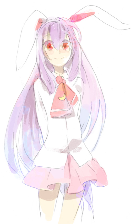 kazune (baumkuchen), reisen udongein inaba, touhou, bad id, bad pixiv id, 1girl, animal ears, female focus, long hair, purple hair, rabbit ears, skirt, smile, solo, white background