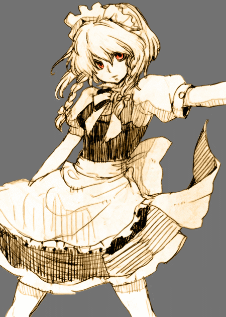 lan. (pixiv), ryuuzaki (ereticent), izayoi sakuya, touhou, 1girl, braid, female focus, grey background, hairband, maid, monochrome, red eyes, ribbon, short hair, solo, spot color, twin braids, twintails, yellow theme