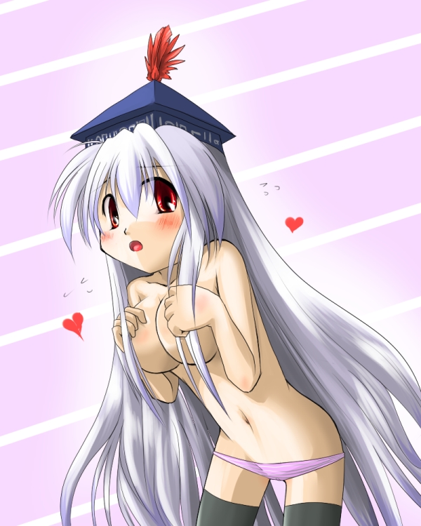 yoshizawa hikoto, kamishirasawa keine, touhou, bad id, bad pixiv id, 1girl, blue hair, blush, breasts, female focus, gradient background, hat, heart, large breasts, long hair, panties, solo, thighhighs, underwear, white background
