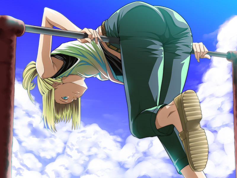 nazo kichi, artoria pendragon (fate), saber (fate), fate/stay night, fate (series), 00s, 1girl, alternate costume, armpit peek, armpits, ass, blonde hair, casual, cloud, day, female focus, horizontal bar, no socks, sky, solo, upside-down