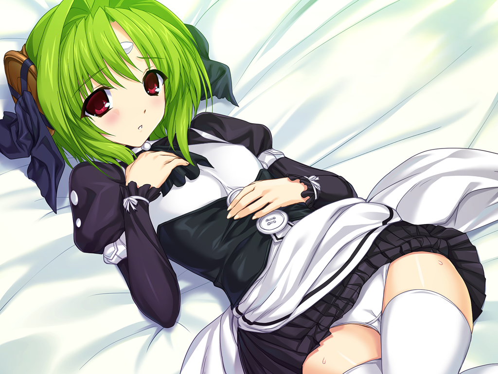 onigirikun, kouenji madoka, choukou (alicesoft), choukou tenshi escalayer, game cg, non-web source, official art, variant set, 1girl, bed, blush, cameltoe, dress, facial mark, forehead mark, green hair, hair ribbon, long sleeves, lying, maid, on back, panties, pantyshot, red eyes, ribbon, school uniform, short hair, skirt, solo, sweat, thighhighs, underwear, white panties, white thighhighs