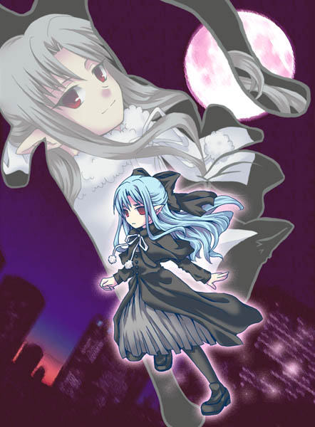 len (tsukihime), white len (tsukihime), melty blood, tsukihime, type-moon, bad id, bad pixiv id, 00s, 2girls, blue hair, dual persona, full moon, moon, multiple girls, night, pantyhose, pointy ears, red eyes, ribbon, thighhighs