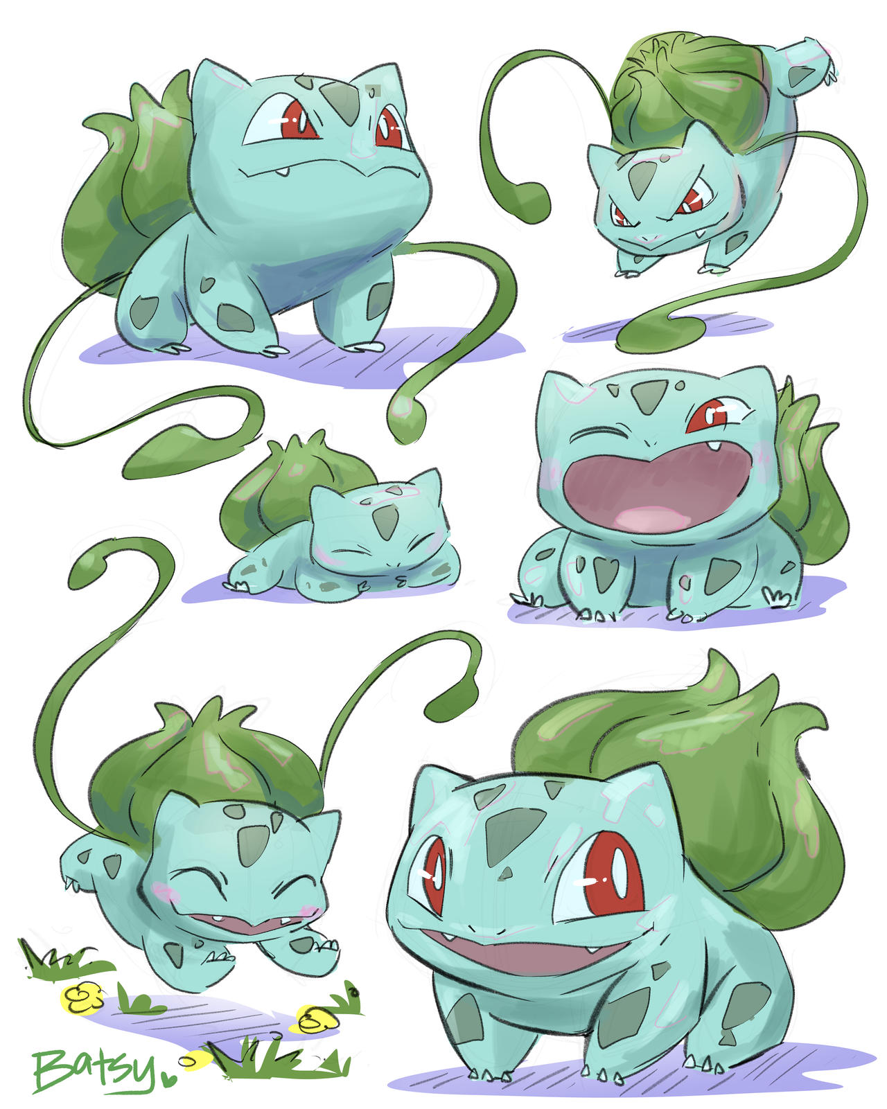 iheartbatsy, bulbasaur, nintendo, pokemon, commentary, english commentary, highres, blush, bright pupils, bud, closed eyes, closed mouth, fang, fangs, gen 1 pokemon, grass, no humans, nostrils, one eye closed, open mouth, plant, pokemon (creature), pokemon focus, red eyes, simple background, smile, vines, white background, white pupils