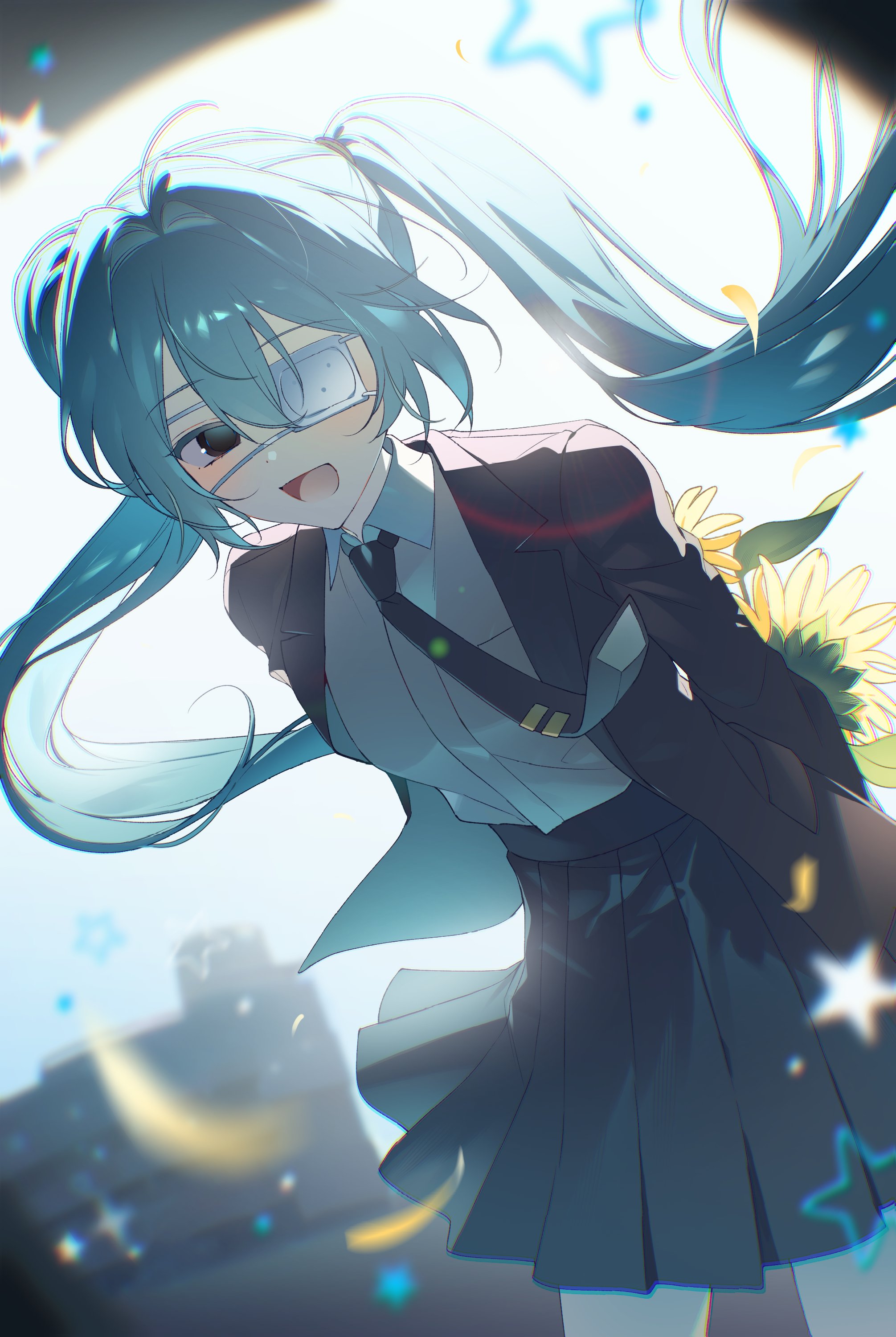 mikan (migwang), hatsune miku, monitoring (vocaloid), vocaloid, absurdres, hashtag-only commentary, highres, 1girl, :d, ahoge, aqua hair, arms behind back, black eyes, black jacket, black necktie, black skirt, blazer, blurry, blurry background, blurry foreground, blush, cityscape, collared shirt, cowboy shot, dot nose, eyepatch, falling petals, floating hair, flower, from inside, hair between eyes, high-waist skirt, jacket, leaning forward, long hair, long sleeves, looking at viewer, medical eyepatch, necktie, open clothes, open jacket, open mouth, outdoors, petals, pleated skirt, pov peephole, school uniform, shirt, shirt tucked in, sidelocks, skirt, smile, solo, standing, sunflower, tie clip, tongue, twintails, very long hair, white shirt, wind