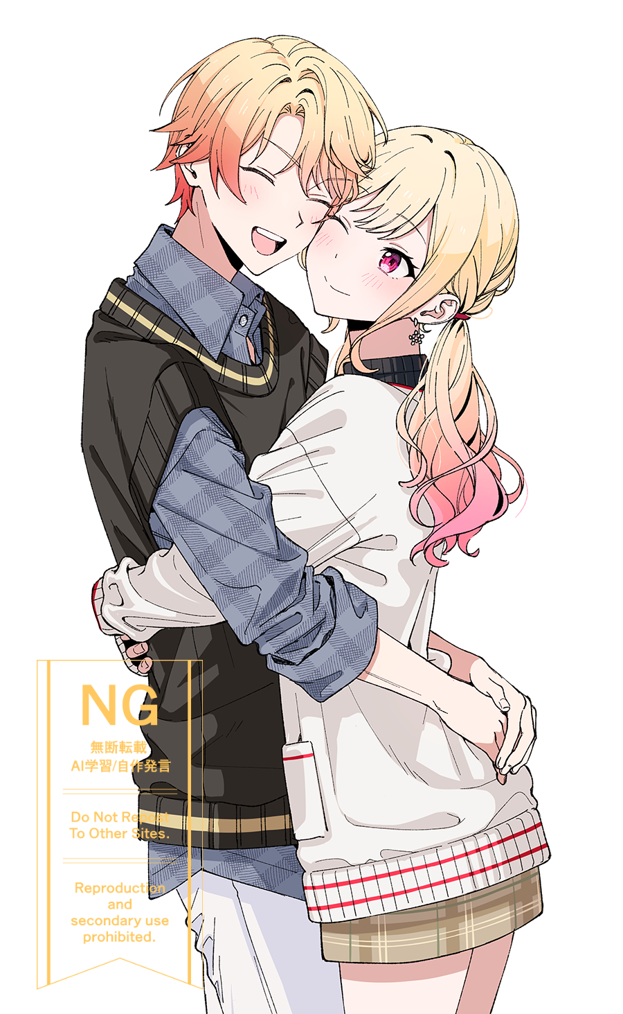 2 (tsvf3235), tenma saki, tenma tsukasa, project sekai, commentary, highres, symbol-only commentary, 1boy, 1girl, :d, ;), ^ ^, affectionate, black sweater, black sweater vest, blonde hair, blue shirt, blush, braid, brother and sister, brown skirt, cheek-to-cheek, closed eyes, closed mouth, collared shirt, cowboy shot, curly hair, double-parted bangs, earrings, facing another, fingernails, gradient hair, hair between eyes, heads together, hug, jacket, jewelry, long hair, long sleeves, looking at another, miniskirt, multicolored hair, one eye closed, open mouth, orange hair, own hands together, pants, pencil skirt, pink eyes, pink hair, plaid clothes, plaid shirt, plaid skirt, pocket, ribbed sweater, shirt, short hair, siblings, simple background, skirt, smile, standing, star (symbol), star earrings, sweater, sweater vest, swept bangs, teeth, three-quarter sleeves, tongue, turtleneck, turtleneck sweater, twintails, two-tone hair, upper teeth only, v-shaped eyebrows, watermark, white background, white jacket, white pants