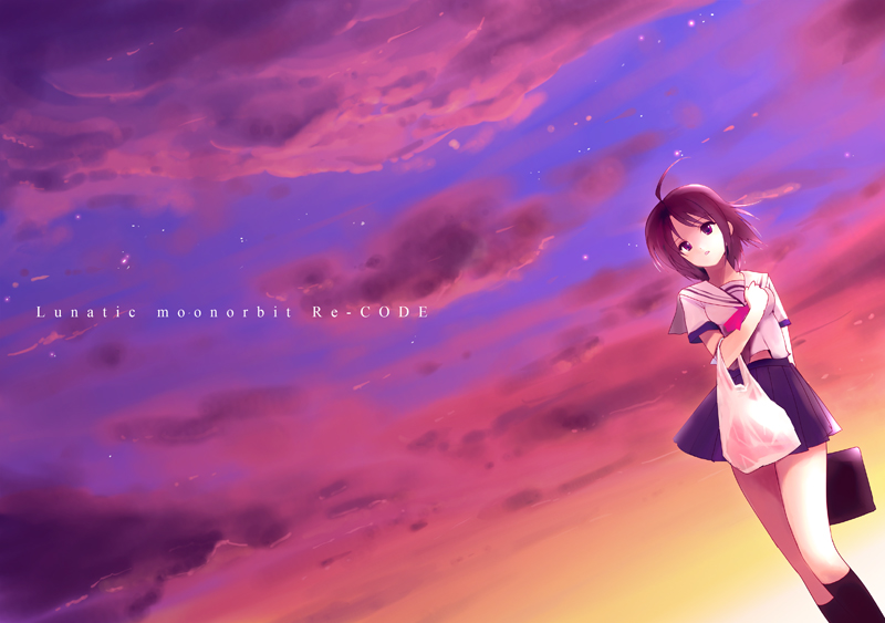tsukigami runa, original, 1girl, female focus, school uniform, serafuku, sky, solo