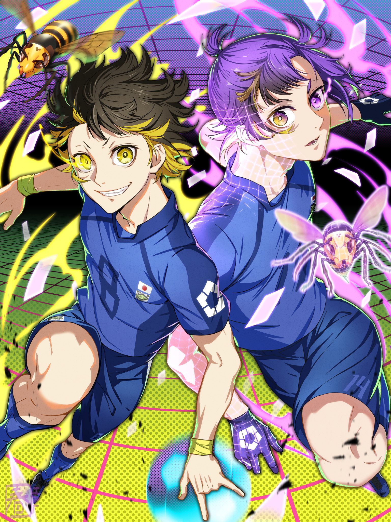 halu-ca, bachira meguru, mikage reo, blue lock, commentary request, highres, 2boys, m/, animal, bee, black hair, blonde hair, blue shorts, bug, colored inner hair, full body, gloves, grid, insect, looking at viewer, male focus, multicolored hair, multiple boys, purple eyes, purple hair, short hair, shorts, smile, soccer uniform, sportswear, two-tone hair, yellow eyes