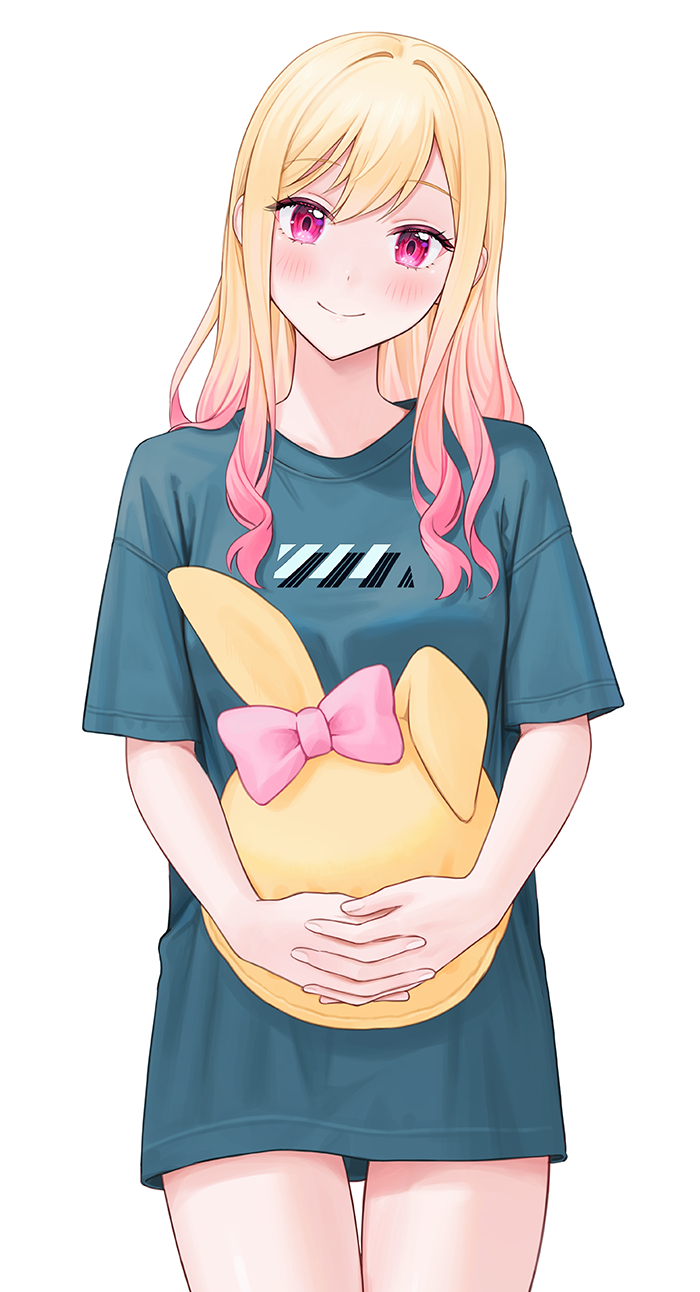 2 (tsvf3235), tenma saki, project sekai, commentary, highres, symbol-only commentary, 1girl, blonde hair, blue shirt, blush, bow, breasts, closed mouth, curly sidelocks, double-parted bangs, fingernails, gradient hair, hair between eyes, hair down, holding, holding stuffed toy, interlocked fingers, long hair, looking at viewer, multicolored hair, no pants, oversized clothes, oversized shirt, own hands together, pink bow, pink eyes, pink hair, shirt, short sleeves, simple background, small breasts, smile, solo, standing, straight-on, stuffed animal, stuffed rabbit, stuffed toy, swept bangs, t-shirt, thigh gap, two-tone hair, white background