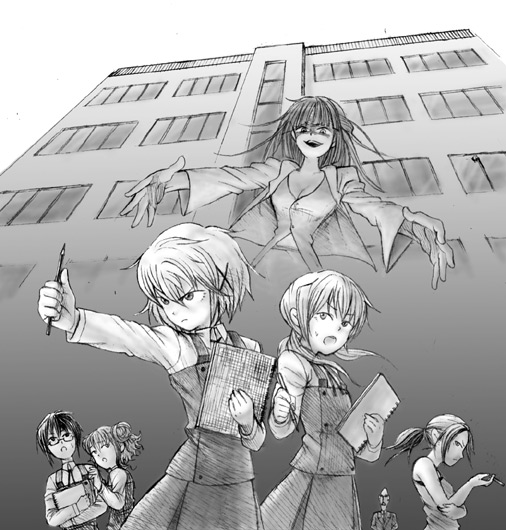 hiro (hidamari sketch), landlady (hidamari sketch), miyako (hidamari sketch), principal (hidamari sketch), sae (hidamari sketch), yoshinoya (hidamari sketch), yuno (hidamari sketch), death note, hidamari sketch, 1boy, 6+girls, cigarette, greyscale, monochrome, multiple girls, parody, pencil, ponytail, short hair, sketchbook