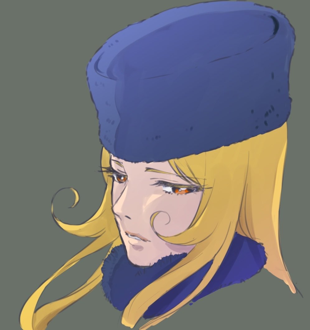 sagawa haruka, maetel, ginga tetsudou 999, 1girl, blonde hair, brown eyes, fur hat, hat, long hair, looking at viewer, simple background, solo, very long hair