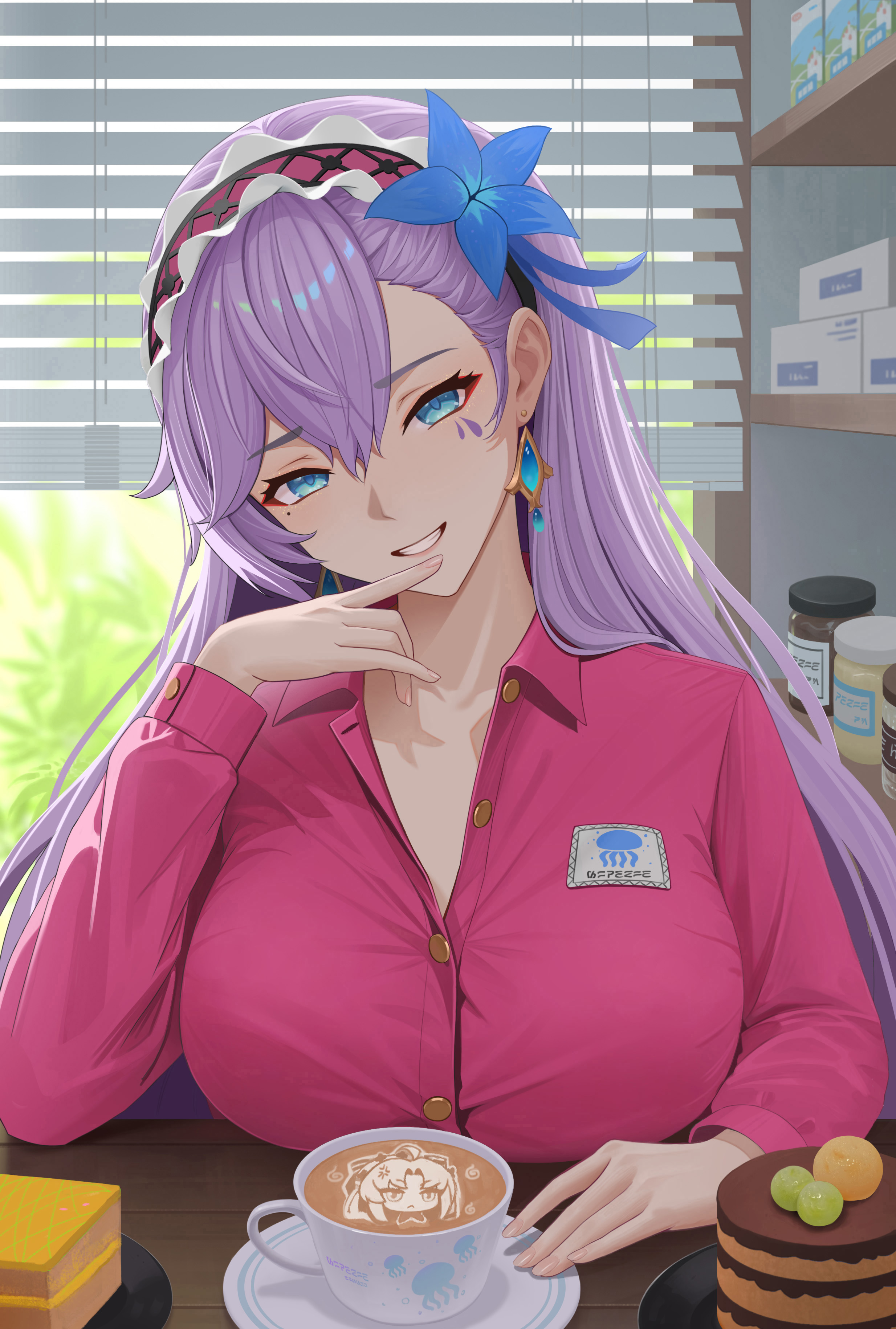 egert, cantarella (wuthering waves), carlotta (wuthering waves), wuthering waves, absurdres, commentary, highres, 1girl, alternate costume, blue eyes, blue flower, breasts, collared shirt, cup, dessert, earrings, facial mark, flower, food, hair between eyes, hair flower, hair ornament, hand up, head tilt, headdress, indoors, jewelry, large breasts, latte art, long hair, looking at viewer, mark under eye, mole, mole under eye, parted lips, pink shirt, purple hair, shirt, smile, solo, window blinds