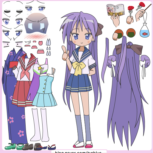 hiiragi kagami, lucky star, 00s, 1girl, blue dress, blue eyes, blush, bow, bowtie, dress, floral print, full body, japanese clothes, kimono, long hair, long sleeves, looking at viewer, neckerchief, pleated skirt, purple hair, red skirt, sailor collar, school uniform, serafuku, short sleeves, skirt, standing, thighhighs, white thighhighs, yellow bow, yellow bowtie