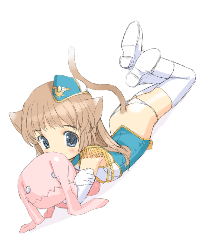 mibu natsuki, original, 1girl, animal ears, blue eyes, blush, boots, bottomless, brown hair, cat ears, cat tail, elbow gloves, epaulettes, female focus, gloves, hat, lowleg, lowleg panties, lying, no pants, panties, solo, stuffed animal, stuffed rabbit, stuffed toy, tail, thighhighs, underwear, white panties, white thighhighs