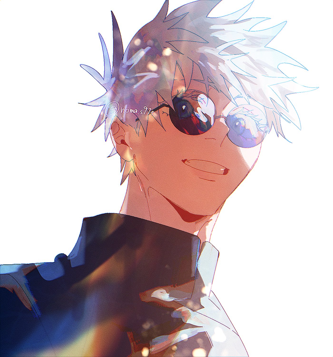 gojou satoru, jujutsu kaisen, highres, 1boy, blue eyes, eyelashes, from below, glasses, grin, high collar, jujutsu tech uniform, long eyelashes, looking at viewer, male focus, noma s91t, round eyewear, short hair, simple background, smile, solo, twitter username, white background, white hair