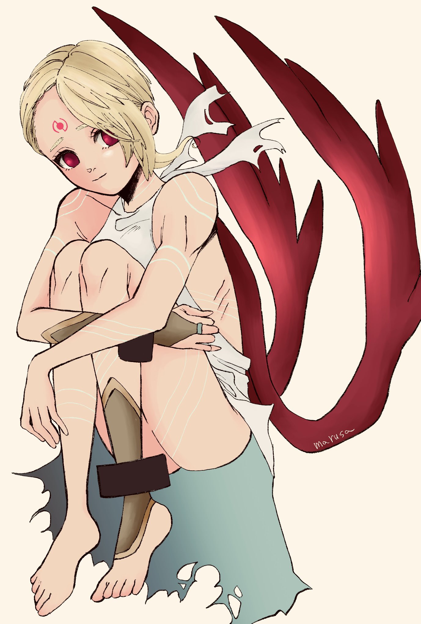 marusa (marugorikun), nina (breath of fire v), breath of fire, breath of fire v, highres, 1girl, barefoot, blonde hair, bracelet, closed mouth, dress, facial mark, full-body tattoo, hair over one eye, jewelry, looking at viewer, red wings, short hair, simple background, solo, tattoo, white background, white dress, wings