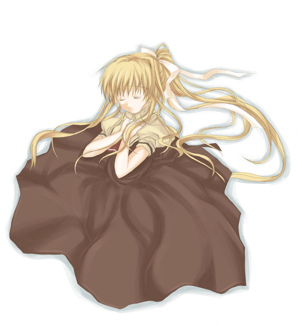 kodamasawa izumi, kamio misuzu, air (visual novel), 00s, 1girl, blonde hair, brown dress, closed eyes, dress, female focus, full body, long hair, ponytail, puffy short sleeves, puffy sleeves, short sleeves, simple background, sitting, solo, very long hair, white background