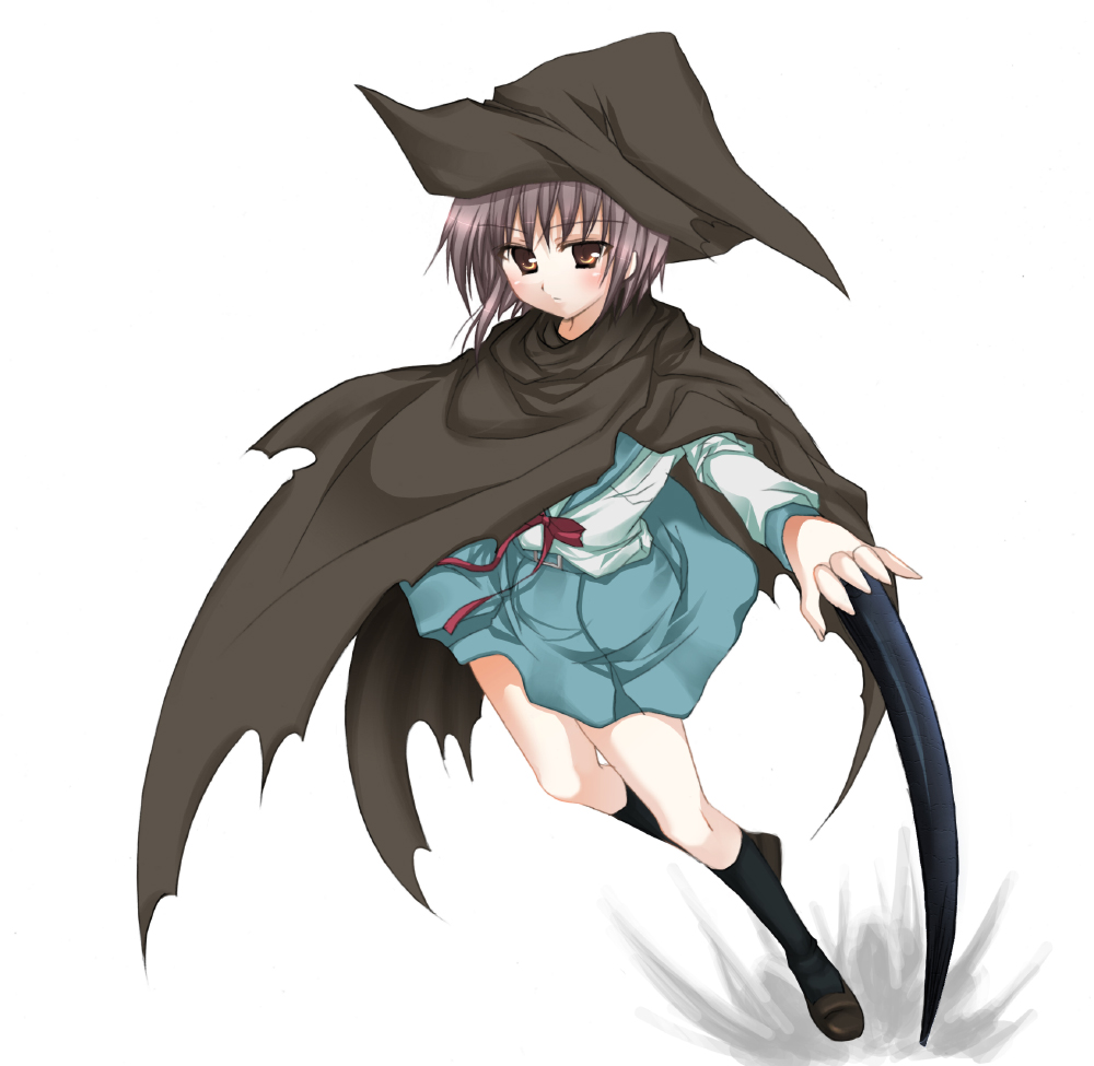 kodamasawa izumi, nagato yuki, suzumiya haruhi no yuuutsu, eyebrows, 00s, 1girl, black hat, black socks, blush, brown shoes, cloak, female focus, full body, hat, kneehighs, loafers, looking at viewer, neck ribbon, outstretched arm, purple hair, reaching, ribbon, school uniform, serafuku, shoes, short hair, skirt, socks, solo, staff, witch hat, yellow eyes