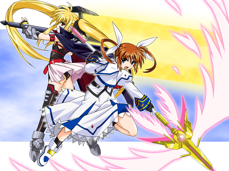 oyama (artist), oyama (fortune pandora), bardiche (nanoha), bardiche (zanber form) (nanoha), fate testarossa, fate testarossa (lightning form), raising heart, raising heart (exelion mode), takamachi nanoha, takamachi nanoha (sacred mode), lyrical nanoha, mahou shoujo lyrical nanoha, mahou shoujo lyrical nanoha a's, 00s, 2girls, arm belt, belt, blonde hair, bow, cape, energy sword, energy wings, fingerless gloves, gloves, magical girl, multiple girls, purple eyes, red bow, red eyes, red hair, sword, thighhighs, twintails, weapon, wings