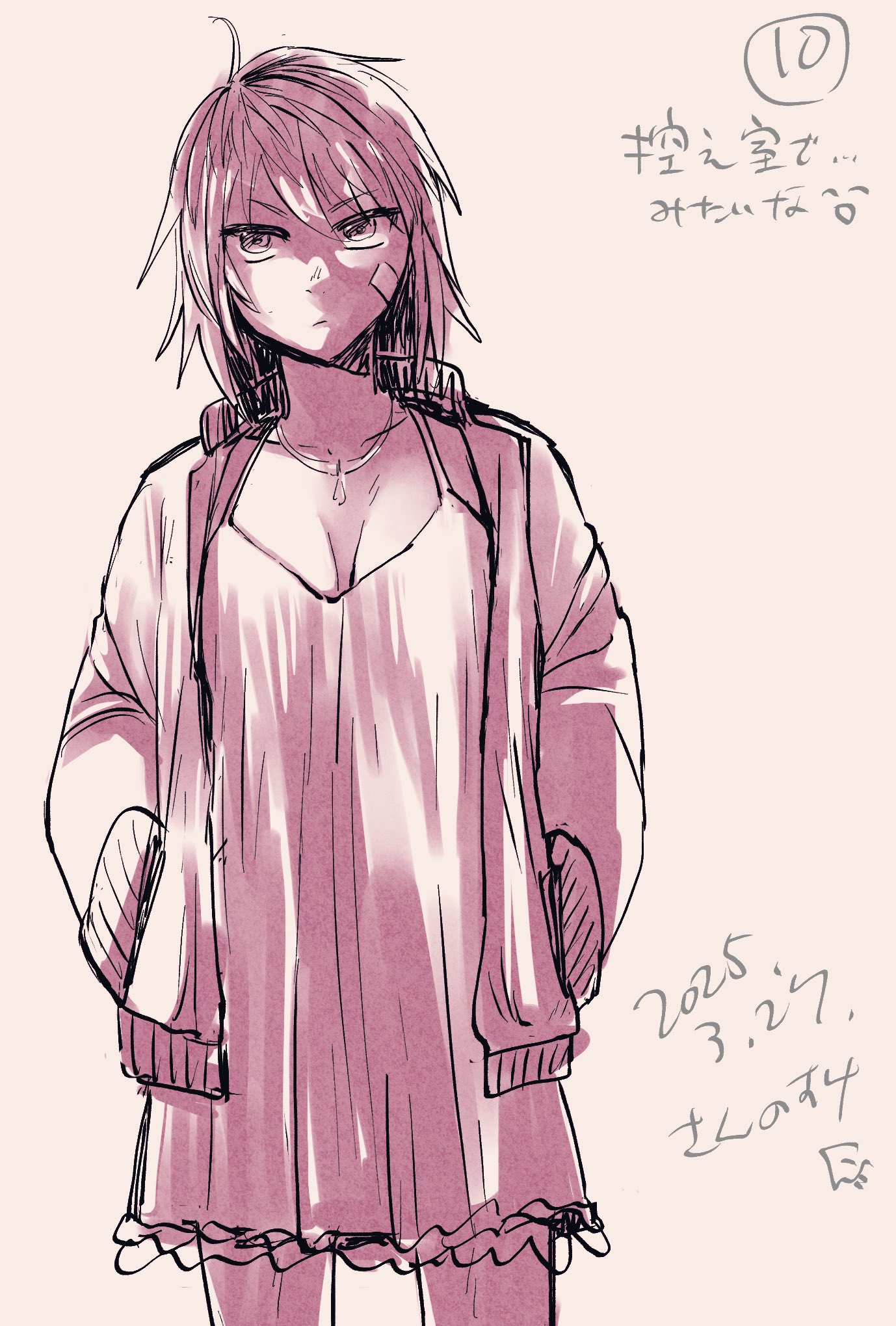 sannosuke, cheryl (arc the lad), arc the lad, arc the lad iii, highres, 1girl, ahoge, bandage on face, bandages, breasts, closed mouth, coat, dated, greyscale, hands in pockets, jewelry, looking at viewer, monochrome, necklace, nightgown, short hair, simple background, solo, white background