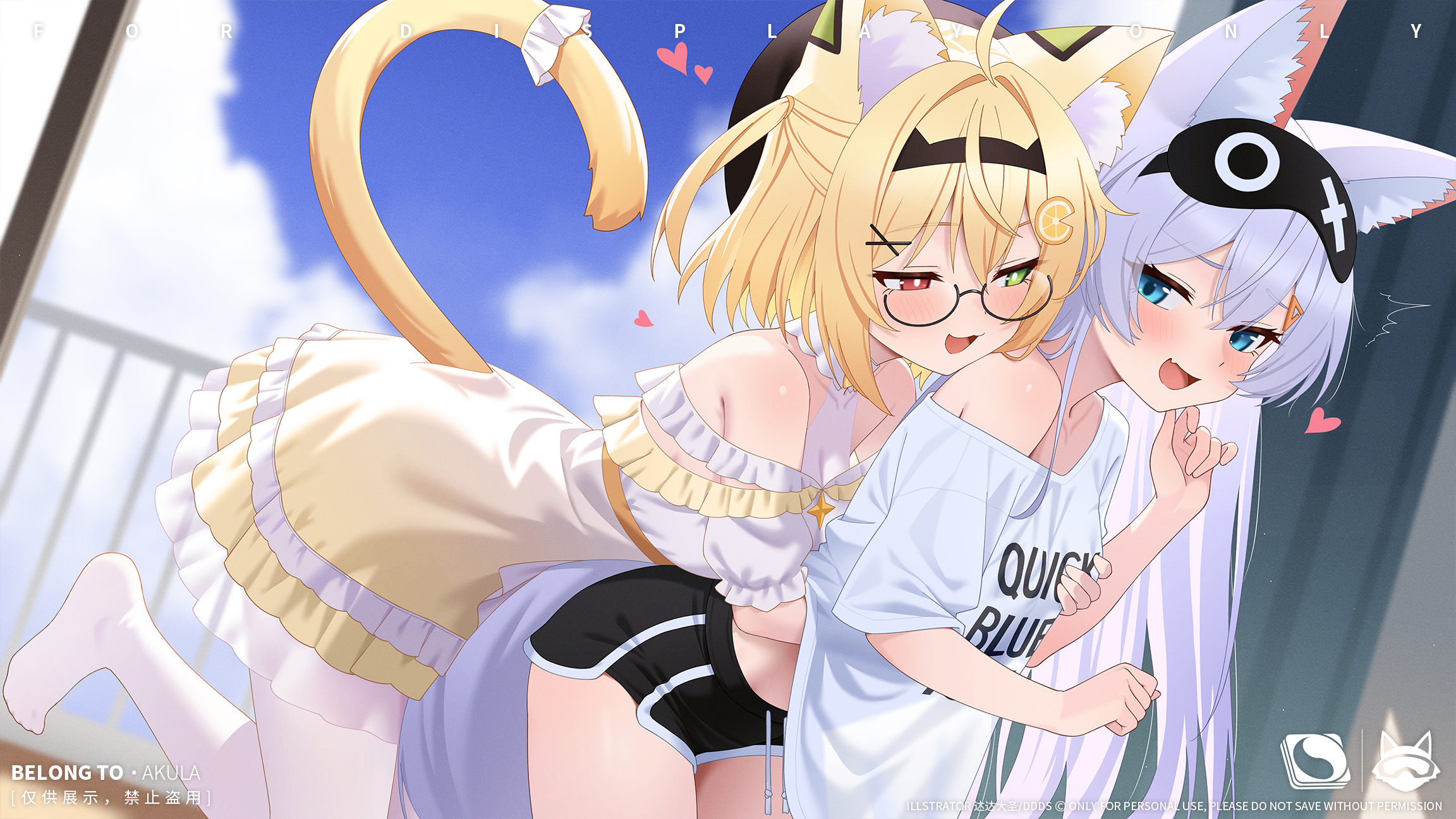 dinyc, denghuo ju (vtuber), indie virtual youtuber, highres, 2girls, ahoge, animal ear fluff, animal ears, black hat, black shorts, blonde hair, blue eyes, blush, breasts, cat ears, cat girl, clothes writing, clothing cutout, dress, fang, fox ears, fox girl, from side, grabbing another's breast, grabbing from behind, green eyes, groping, gym shorts, hat, heterochromia, long hair, looking at another, looking back, medium breasts, medium hair, multiple girls, open mouth, pantyhose, red eyes, shirt, shorts, skin fang, sleep mask, smile, tail, tail through clothes, very long hair, white hair, white pantyhose, white shirt, yellow dress, yuri