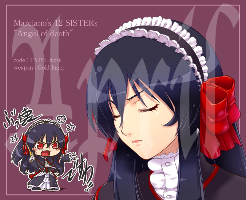 hairu, april (coyote ragtime show), coyote ragtime show, 00s, 1girl, anger vein, angry, black hair, bow, chibi, closed eyes, gothic lolita, gun, handgun, headdress, lolita fashion, long hair, luger p08, multiple views, open mouth, pistol, portrait, red eyes, upper body, weapon