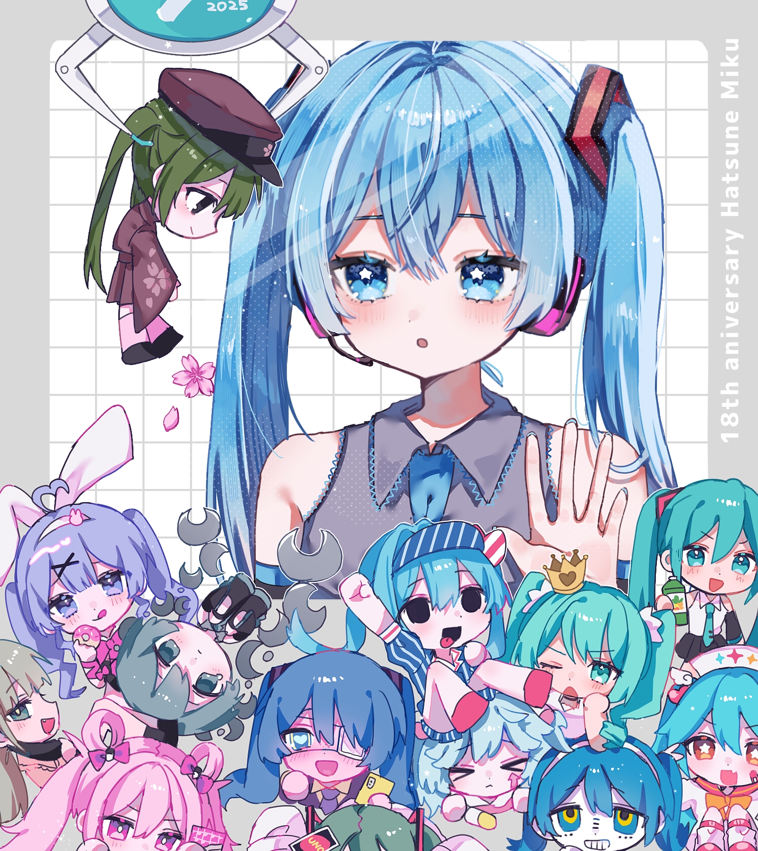 hiro 0607, hatsune miku, hatsune miku (high fever), hatsune miku (ichi no sakura oka), m@gical cure! love shot! (vocaloid), mahou shoujo to chokorewito (vocaloid), matryoshka (vocaloid), mesmerizer (vocaloid), mimukauwa nice try (vocaloid), monitoring (vocaloid), poppippoo (vocaloid), rabbit hole (vocaloid), rolling girl (vocaloid), senbonzakura (vocaloid), slow motion (vocaloid), uno (game), vampire (vocaloid), vocaloid, world is mine (vocaloid), annotated, commentary, highres, 6+girls, :d, animal ear hairband, animal ears, anniversary, aqua hair, black arm warmers, black eyes, black jacket, black leotard, black mask, black skirt, blue eyes, blue hair, blue necktie, blue shirt, blue shorts, blush, border, bow, bowtie, character name, chibi, collared shirt, crane game, crown, detached collar, donut, double-parted bangs, empty eyes, english text, fake animal ears, fang, floral print, floral print kimono, food, green hair, grey border, grey shirt, grid background, hair between eyes, hair ornament, hair rings, hairband, hat, headphones, heart, heart-shaped pupils, holding, holding donut, holding food, jacket, japanese clothes, jirai kei, kimono, leotard, licking lips, long hair, long sleeves, mini crown, multiple girls, multiple persona, necktie, nurse cap, open mouth, pink bow, pink bowtie, pink eyes, pink hair, pink hat, pink kimono, pink ribbon, pink shirt, pink socks, pout, print kimono, rabbit ear hairband, rabbit ears, ribbon, shirt, shorts, skirt, sleeveless, sleeveless shirt, smile, socks, songover, striped clothes, striped shirt, symbol-shaped pupils, tongue, tongue out, twintails, very long hair, white background, white shirt, wide sleeves, x hair ornament